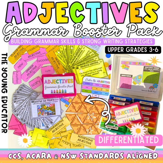 Adjectives Grammar Booster Pack with upper grades adjective activities for enhancing writing skills.
