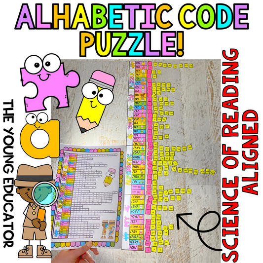Printable alphabet code puzzle for phoneme-grapheme matching and phonics practice.