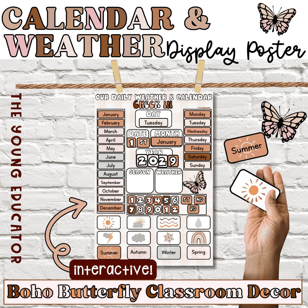 INTERACTIVE Daily Calendar & Weather Chart | Boho Classroom Decor