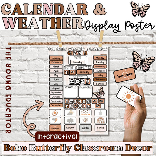 INTERACTIVE Daily Calendar & Weather Chart | Boho Classroom Decor