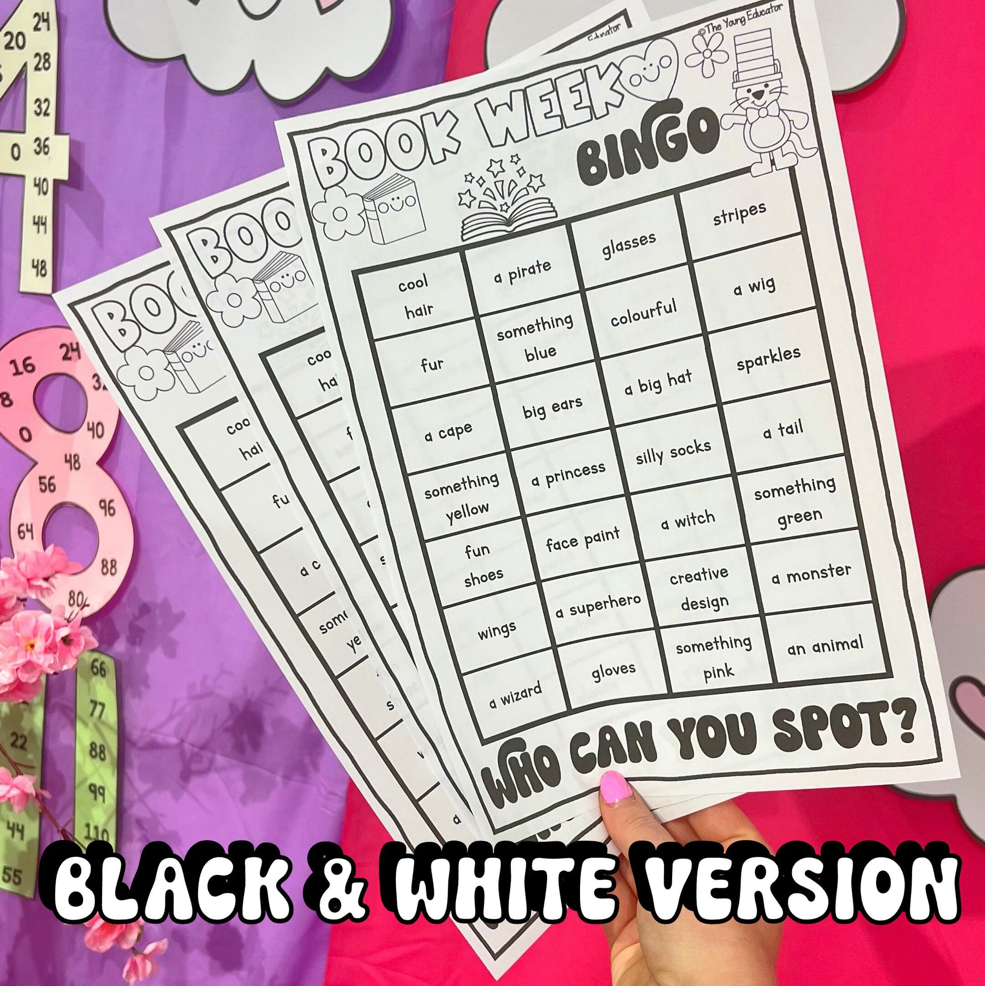 Book Week Bingo printable game with fun reading activities and character prompts.
