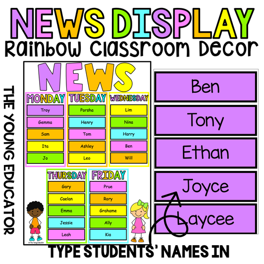 Bulletin Board Display for Students with a vibrant rainbow theme for daily news.

