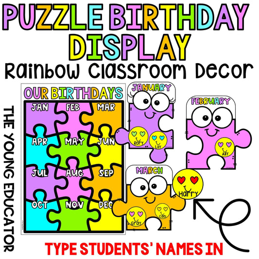 Printable classroom birthday board with a colorful puzzle theme for student celebrations.


