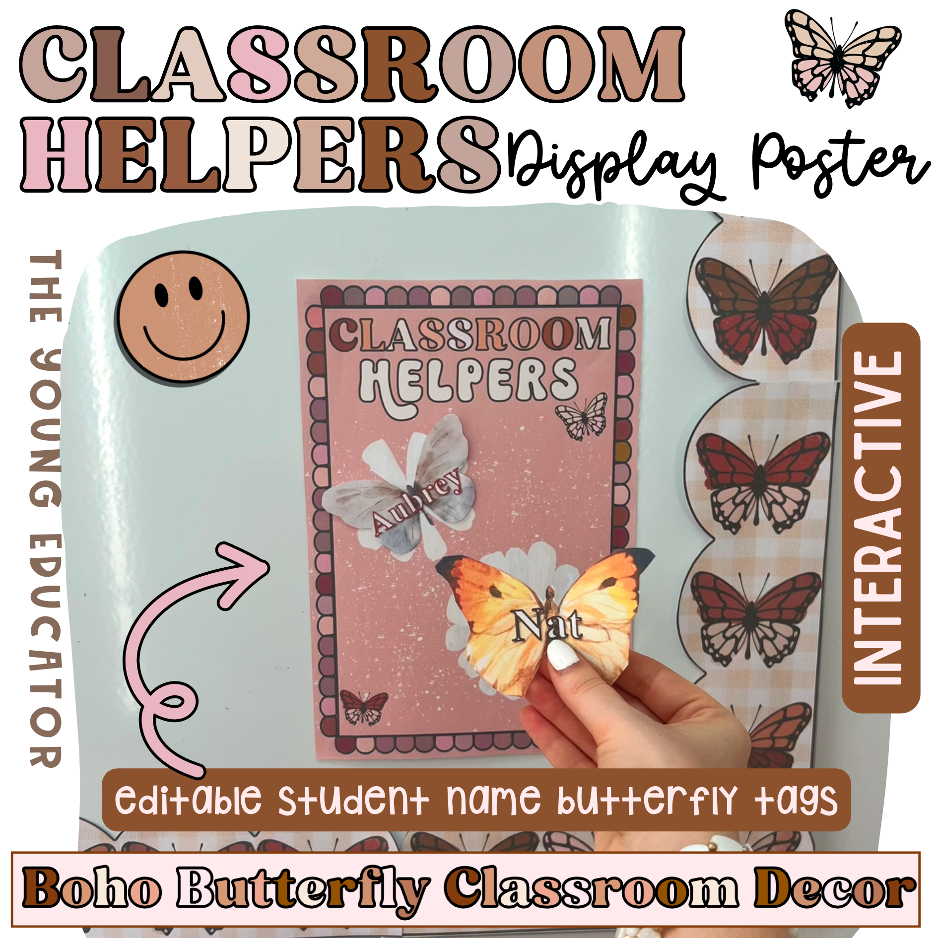 Classroom helpers display with student job assignments in a Boho Butterfly theme.