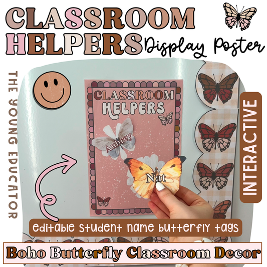 Classroom helpers display with student job assignments in a Boho Butterfly theme.