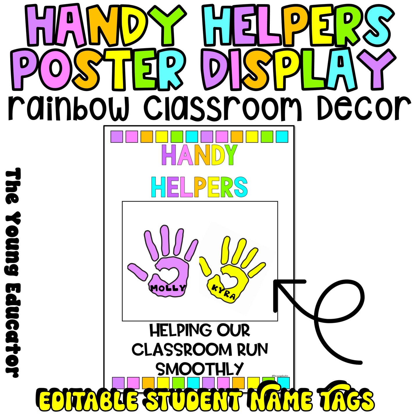 Colorful classroom jobs chart with a rainbow theme for easy organization