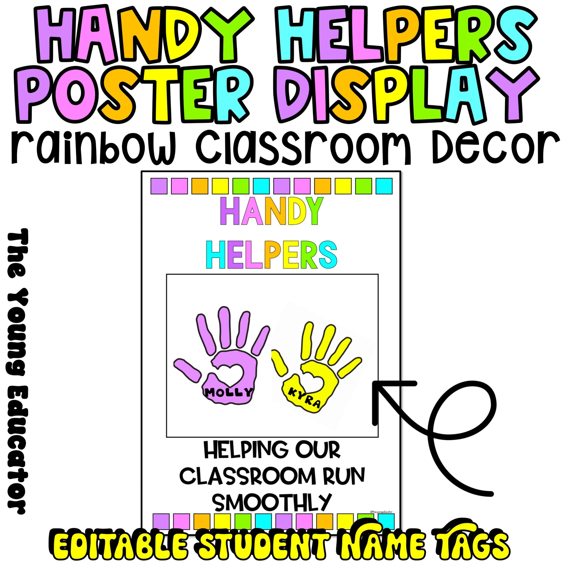 Colorful classroom jobs chart with a rainbow theme for easy organization