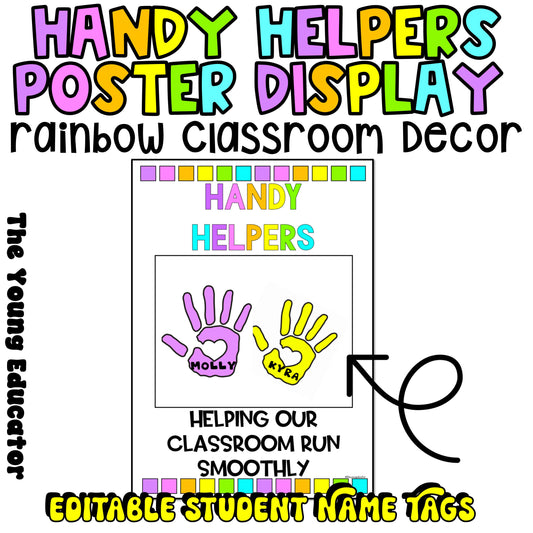 Colorful classroom jobs chart with a rainbow theme for easy organization
