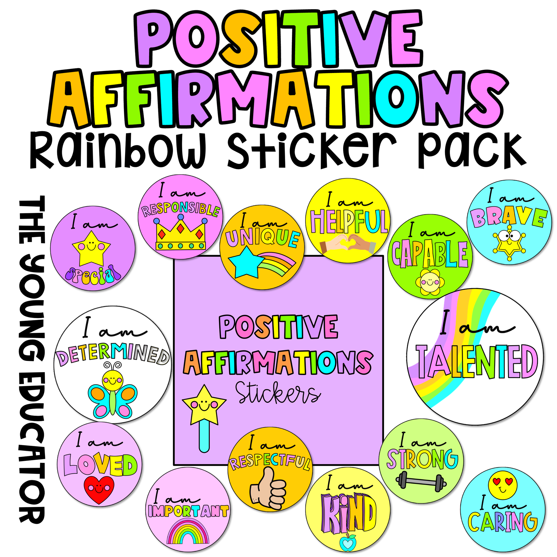 Colorful Sticker Set with rainbow-themed stickers for classroom and planner decor.