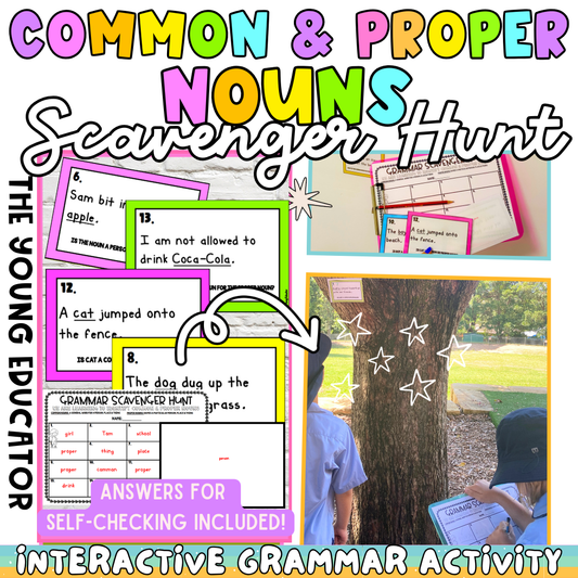 Interactive common and proper nouns activities with scavenger hunt task cards for grammar practice.