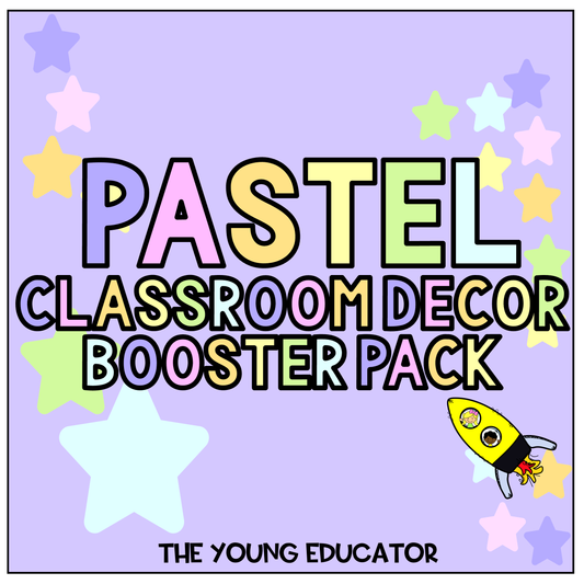 Teacher classroom decor with pastel-themed posters, bulletin board letters, and name labels.