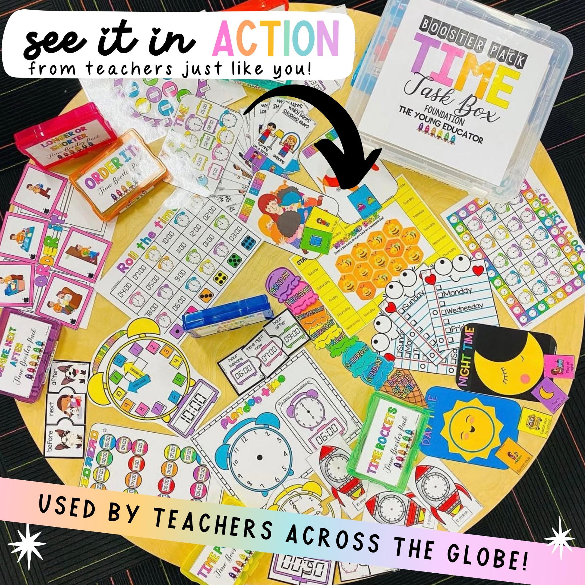 Early learning time activities to teach analog and digital clocks, sequencing events, and comparing time concepts.
