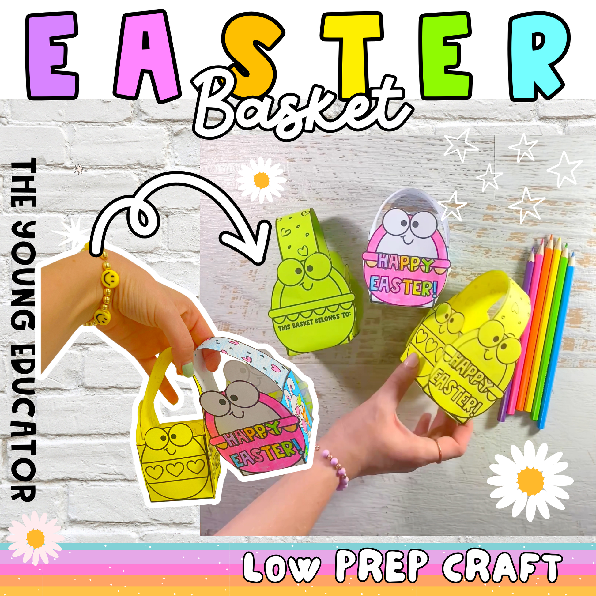 Printable Easter basket craft for kids, featuring a fun and easy DIY template.