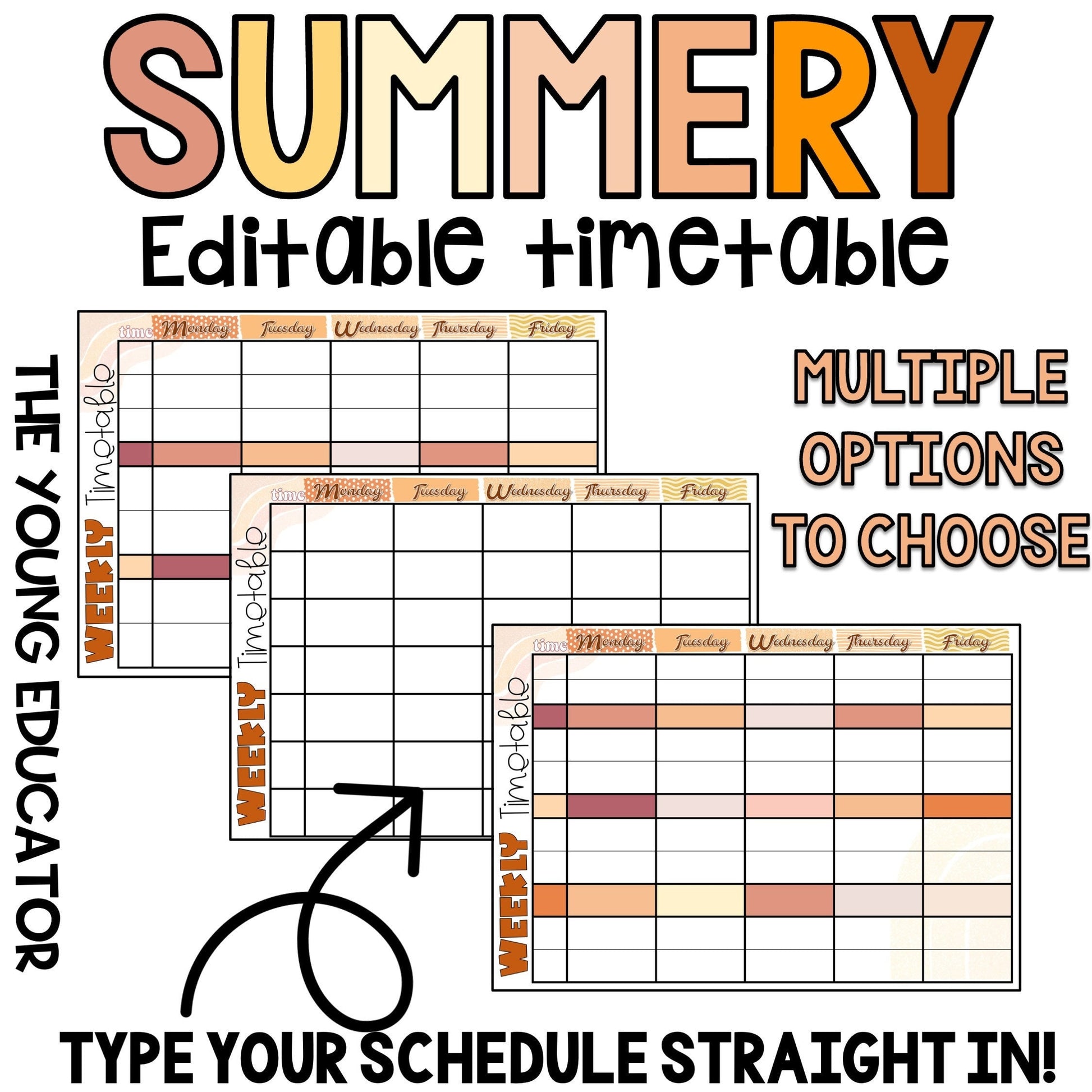 Summer-themed editable teacher timetable for weekly planning and organization.
