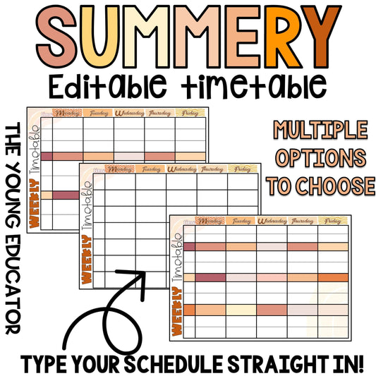 Summer-themed editable teacher timetable for weekly planning and organization.
