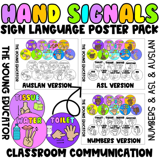 Hand signal prompts for students to support non-verbal classroom communication and management.