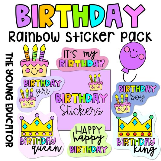  High-Quality Rainbow Birthday Stickers – printable and fun birthday stickers for classroom celebrations.