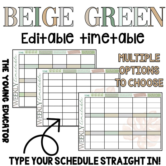 Editable 'BEIGE GREEN' Teacher Timetable Template