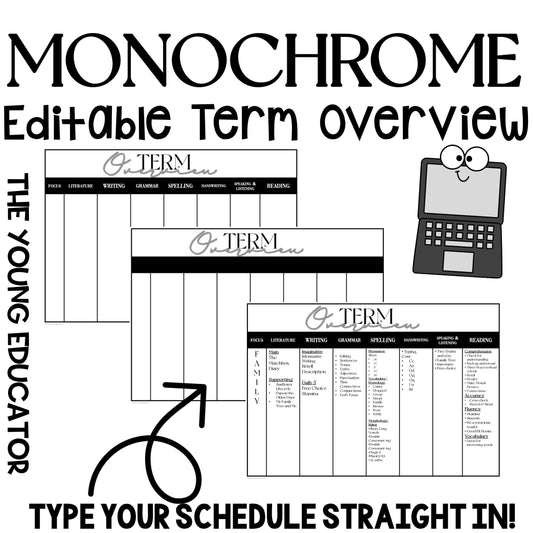 MONOCHROME Editable Term Curriculum Overview / Teacher Organisation Document / Digital Planning / Minimalist Teacher
