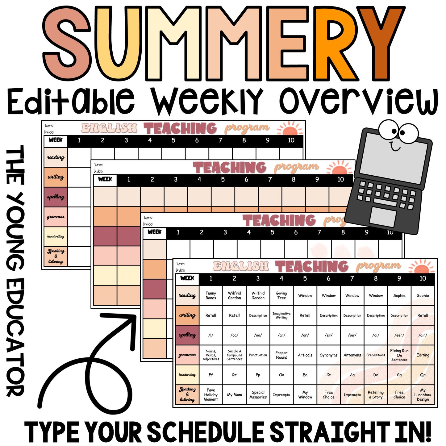 SUMMERY Editable Term X 10 Weekly Planning Overview/ Teacher Organisation Document / Digital Planning / Boho Teacher / Boho Classroom
