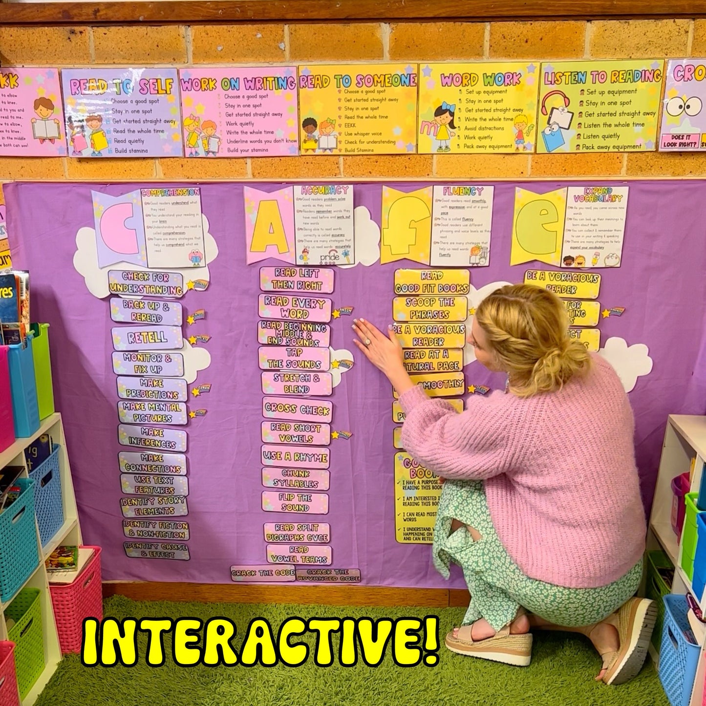 Cafe Reading Strategy Goal Display & Daily 5 Posters / Pastel Rainbow Wall / Learning Goals / Reading Goals