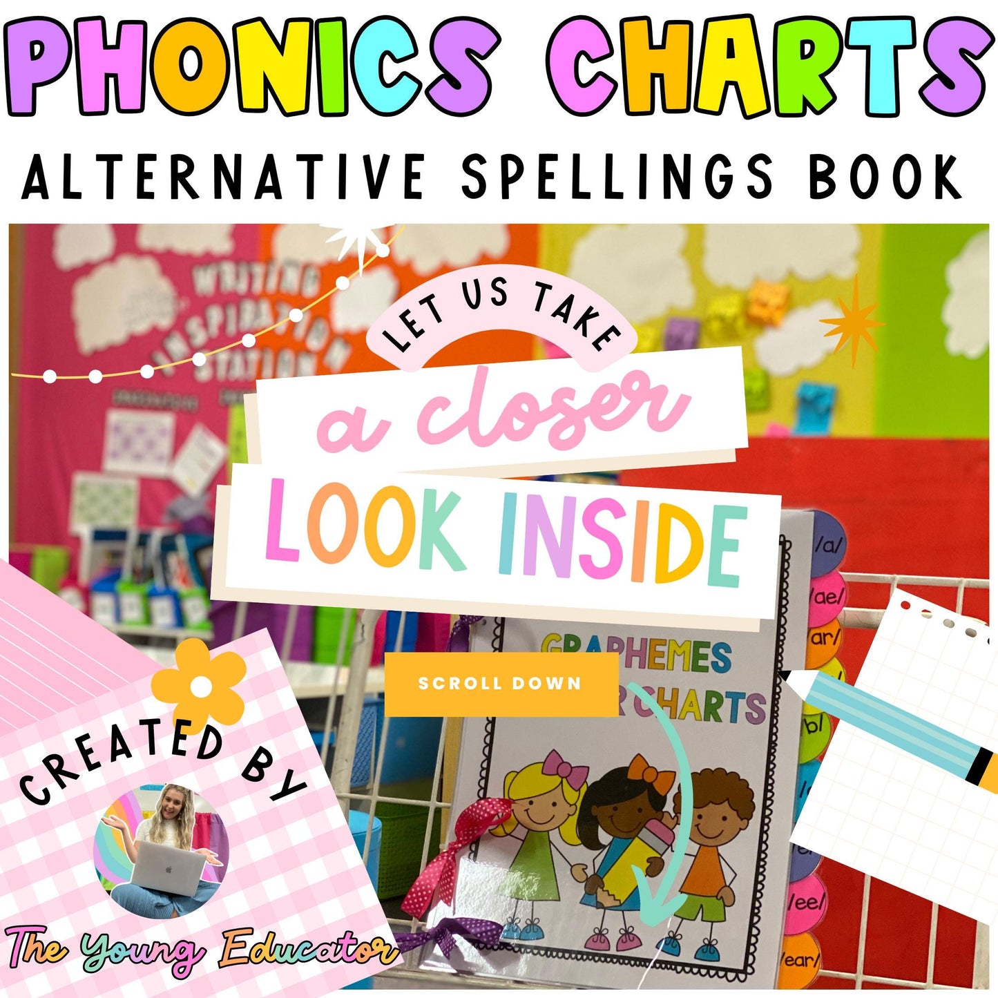PHONICS POSTERS BOOK / Alternative Spellings Class Sounds Dictionary/  Phonemes Graphemes / Science of Reading Charts