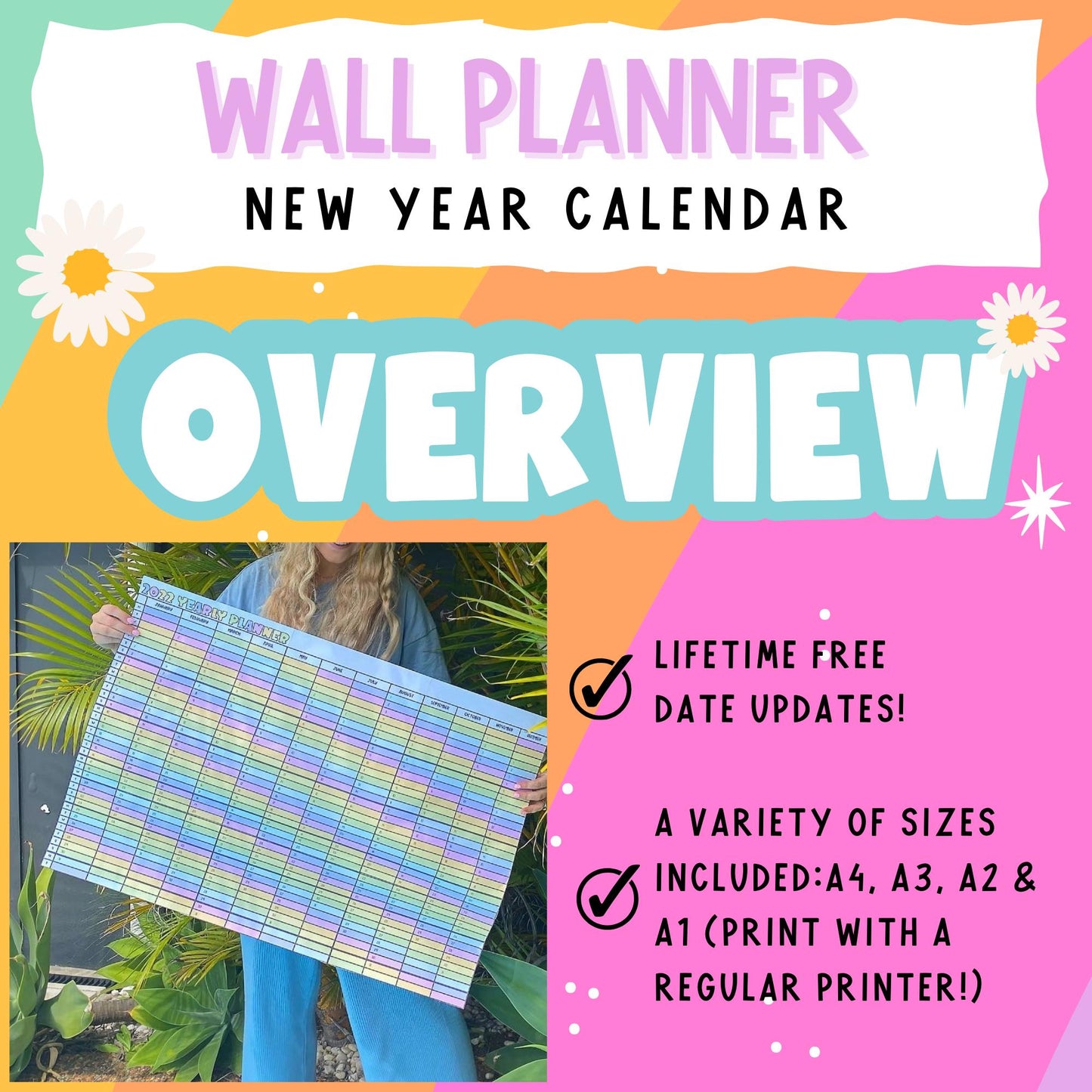 2025 Pastel Rainbow Wall Planner Yearly Calendar *Free Update Each Year!*