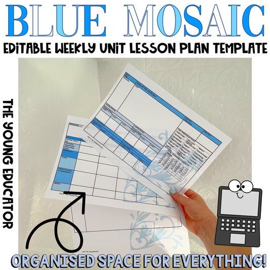 Mosaic Blue Weekly Lesson Plan Template – Editable lesson planner for teachers with calming blue design.