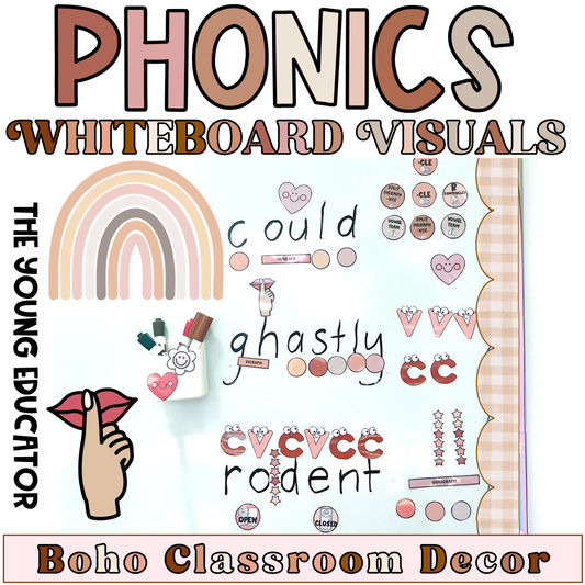 PHONICS WHITEBOARD VISUALS - Science of Reading Aligned! Consonant Vowel Phoneme | Boho Classroom