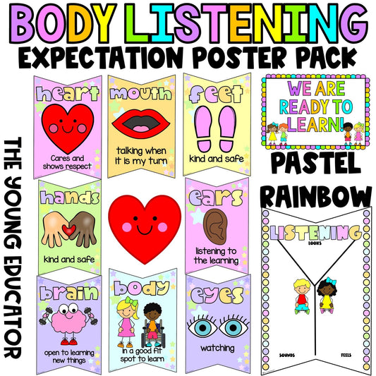  Pastel classroom decor featuring body listening posters and listening skills poster pack for kids.