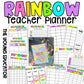Rainbow teacher planner featuring month and term overviews, student profiles, and lesson planning pages.