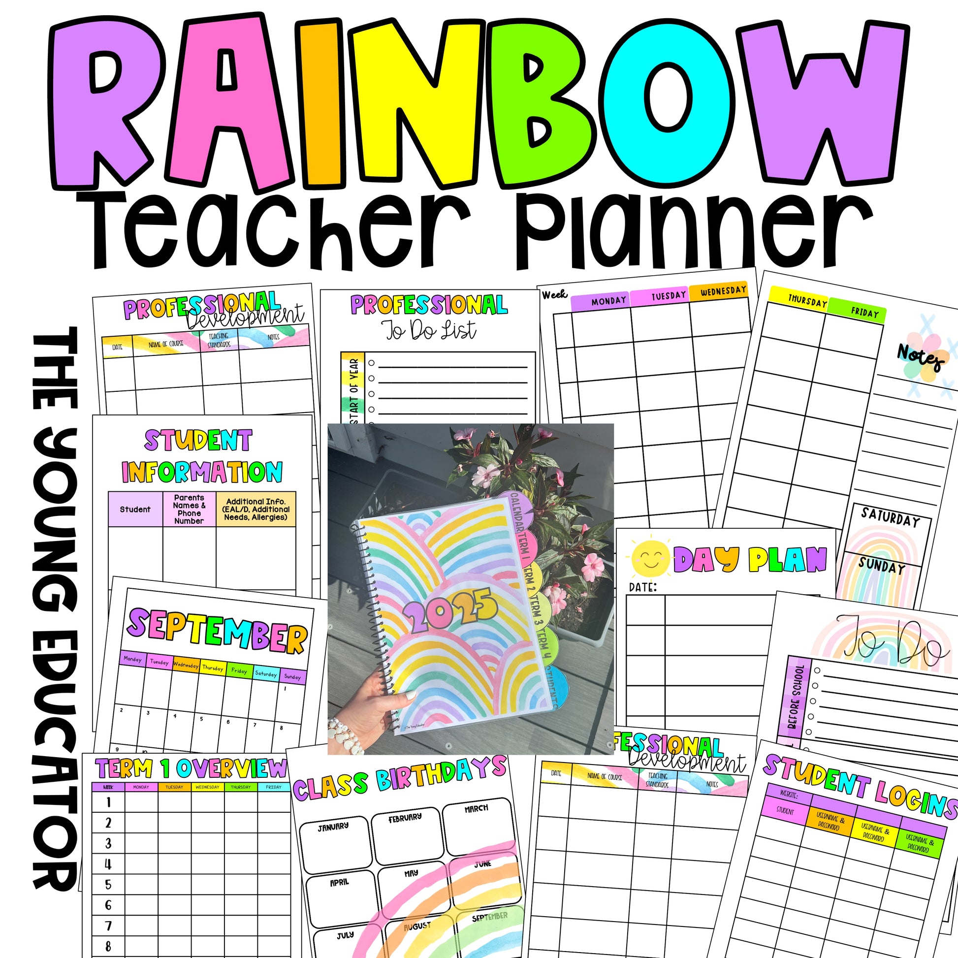 Rainbow teacher planner featuring month and term overviews, student profiles, and lesson planning pages.
