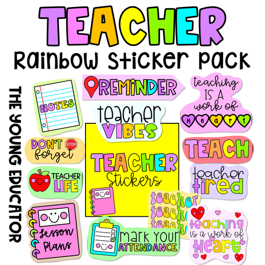 Rainbow Teacher Stickers for rewarding students and decorating planners with vibrant colors.