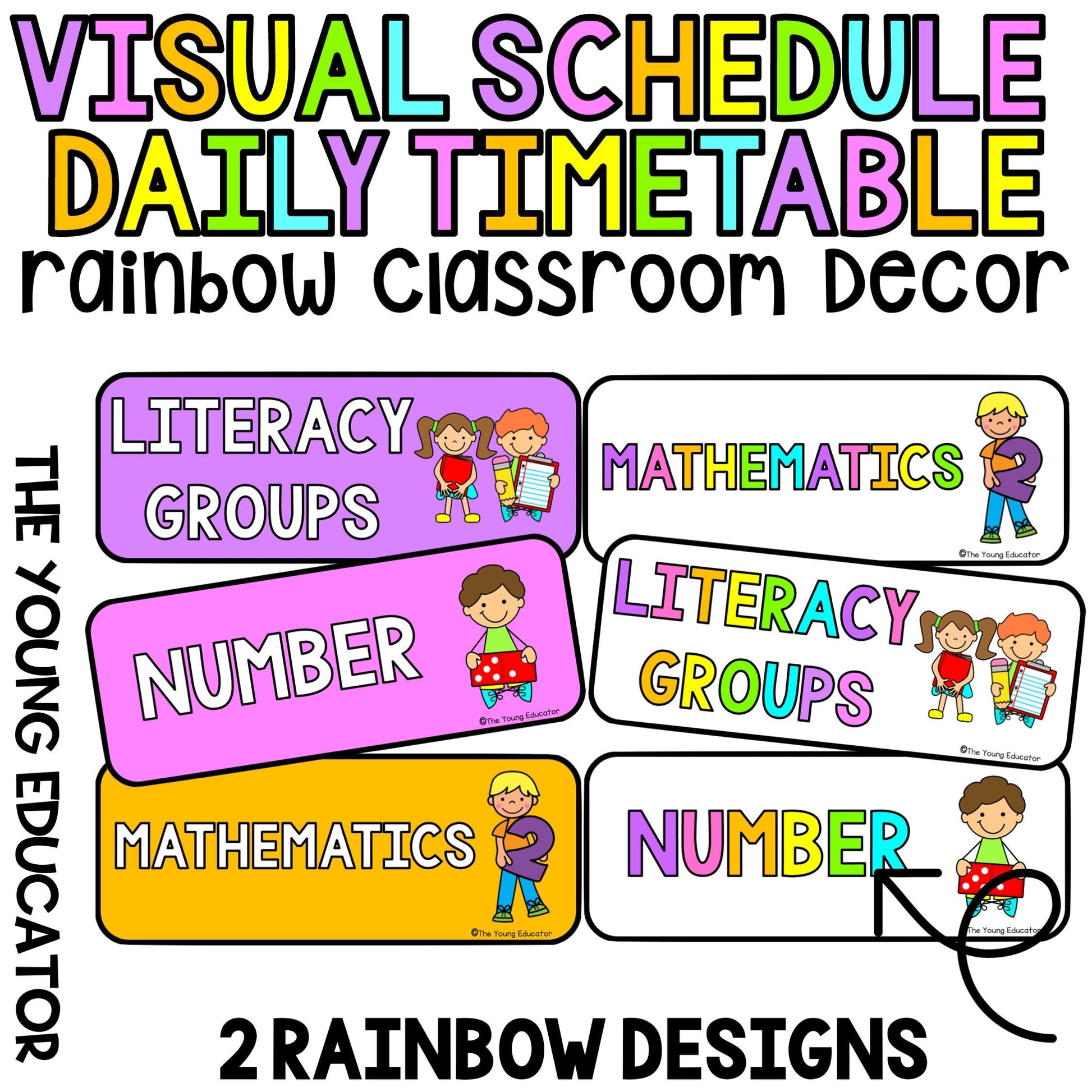 Rainbow visual timetable for kids, perfect for a classroom schedule display.

