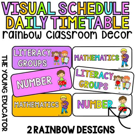 Rainbow visual timetable for kids, perfect for a classroom schedule display.

