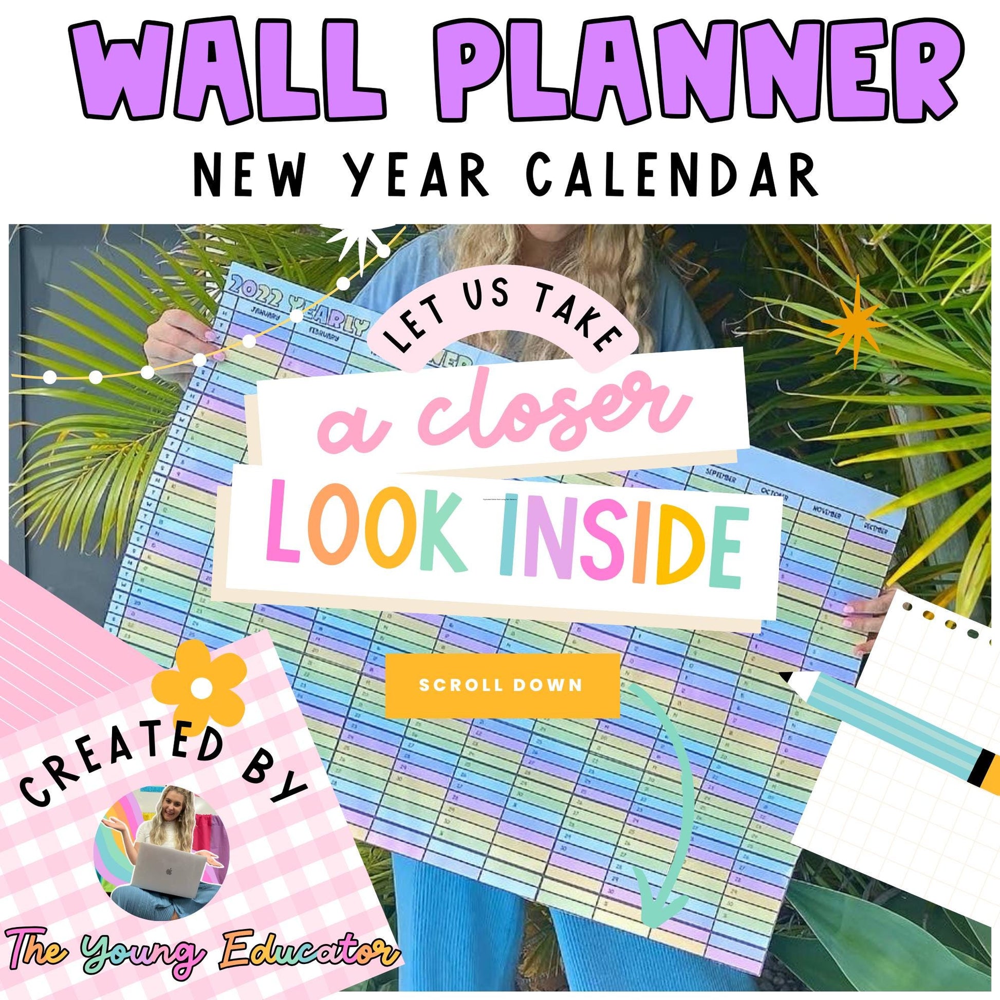Rainbow Yearly Calendar 2025 for classrooms, home offices, and student planning. 
