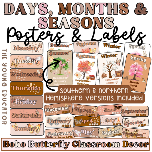 Season-themed display posters for classrooms featuring Boho Butterfly design.
