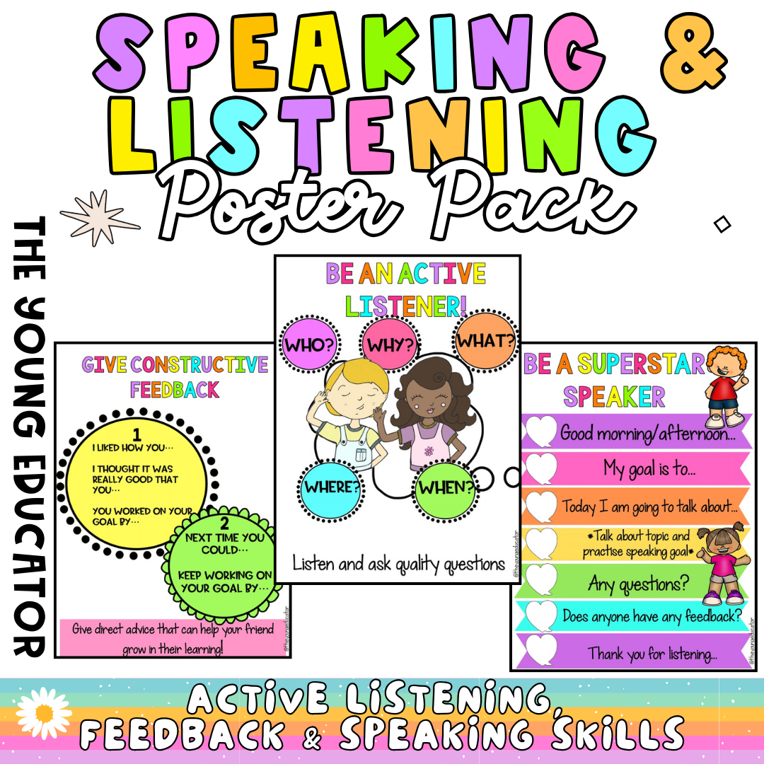 Speaking and Listening Posters for classroom communication and discussion skills development.