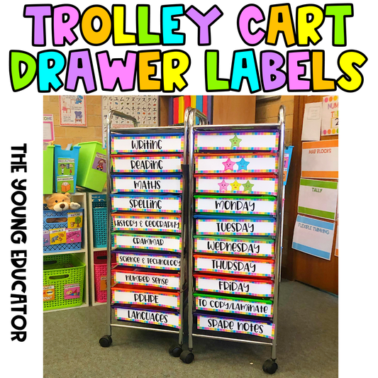 Storage Cart Labels to keep lesson plans, subject materials, and school supplies neatly stored.
