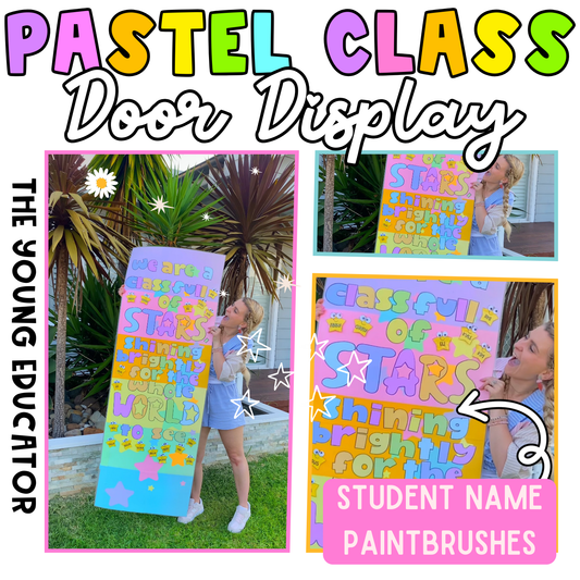 Teacher door decoration with pastel rainbow bulletin board ideas and editable student recognition stars.
