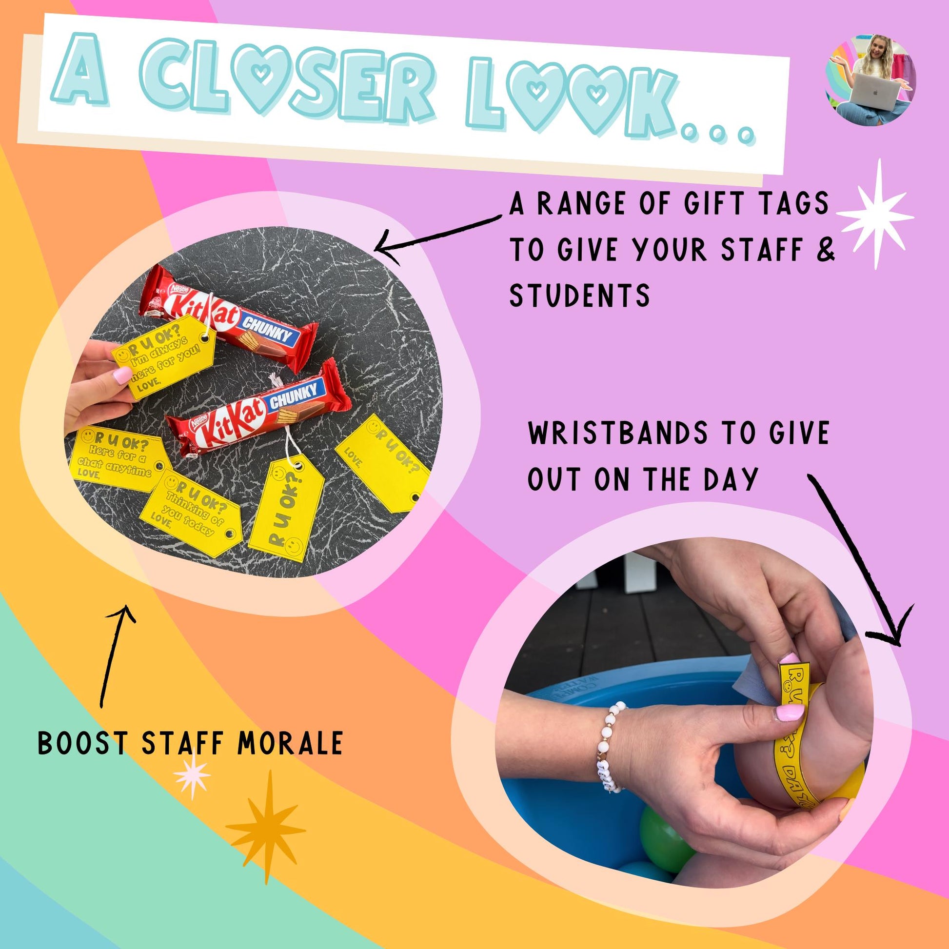 Teacher Freebies Badges Gift Tags and wristbands for a meaningful R U OK? Day classroom activity.