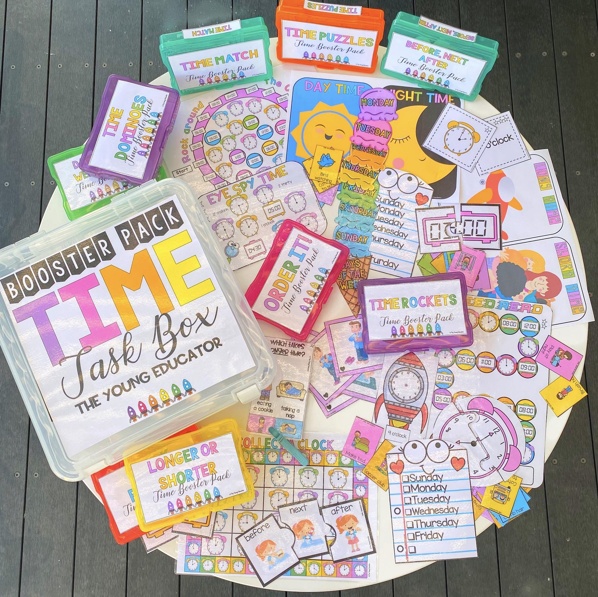 Time Booster Pack with engaging math activities for students, covering sequencing events, reading clocks, and understanding time vocabulary.