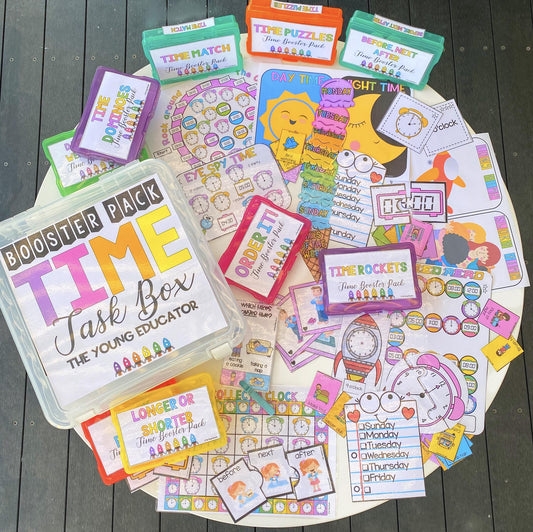 Time Booster Pack with engaging math activities for students, covering sequencing events, reading clocks, and understanding time vocabulary.