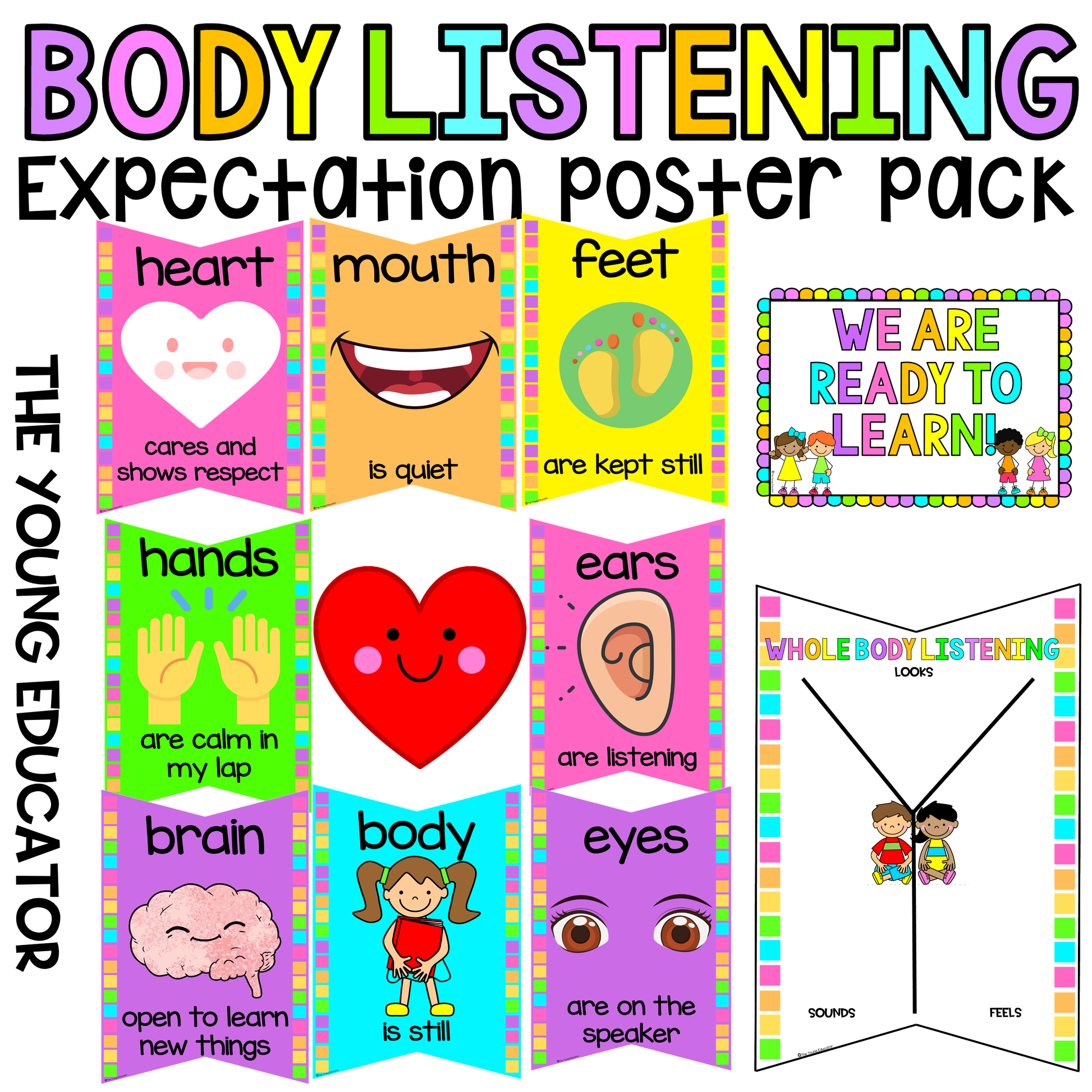 Whole Body Listening Poster for classroom engagement and active listening strategies.